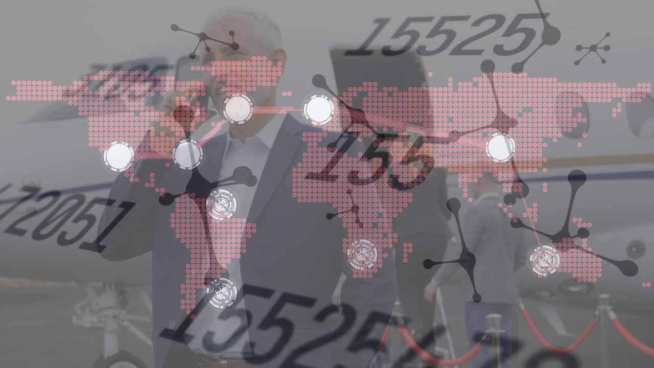 animación del mapa del mundo y procesamiento de datos sobre empresarios caucásicos