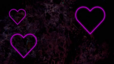 Animation-of-pink-neon-hearts-flashing-on-dark-cherry-blossom-background