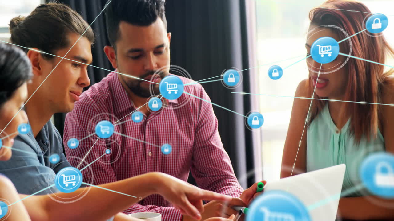 In school, group discussing animation and online shopping using digital interface