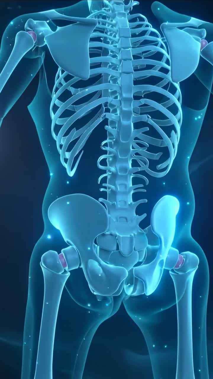 Rotating 3D Human Skeleton with Glowing Blue Bones