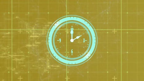 Animation-of-neon-ticking-clock-over-grid-network-and-network-of-connections-on-yellow-background