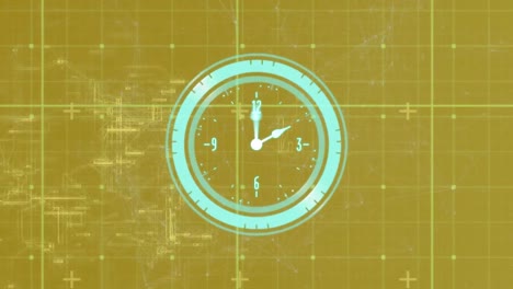 animation of neon ticking clock over grid network and network of connections on yellow background