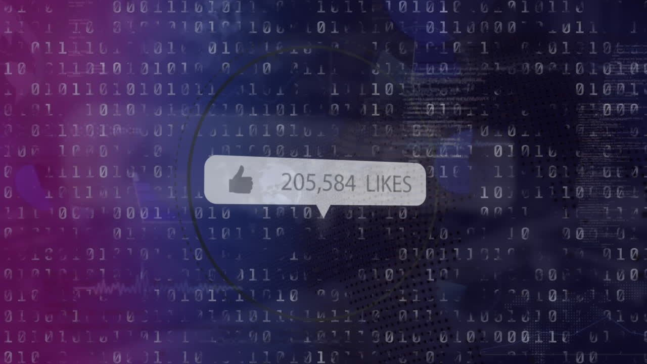 animación del icono de pulgares hacia arriba, cambios de números y gustos de texto en el cuadro de mensajes, círculo, códigos binarios