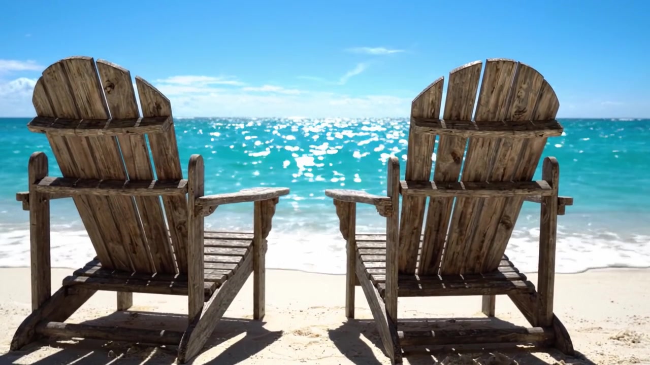 Zwei verwitterte Strandstühle mit Blick auf eine ruhige Meereslandschaft unter einem klaren blauen Himmel, perfekt zur Entspannung und zum Genuss der Schönheit der Natur.