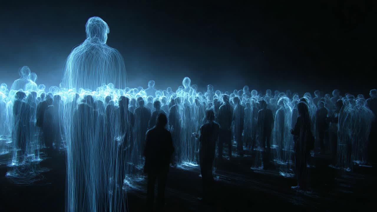 Ethereal blue figures of light forming a spiritual crowd in a mysterious dark space, representing concepts like afterlife, soul connection, collective consciousness, and digital community