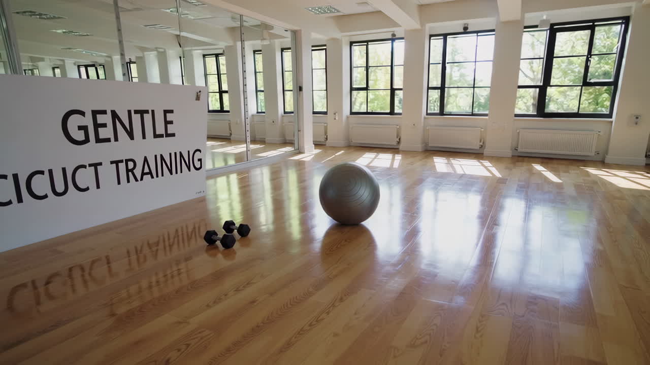 Empty Fitness Room with Gentle Circuit Training Sign