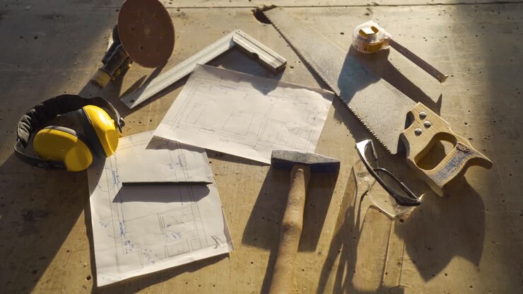 Carpentry tools and equipment on the table.