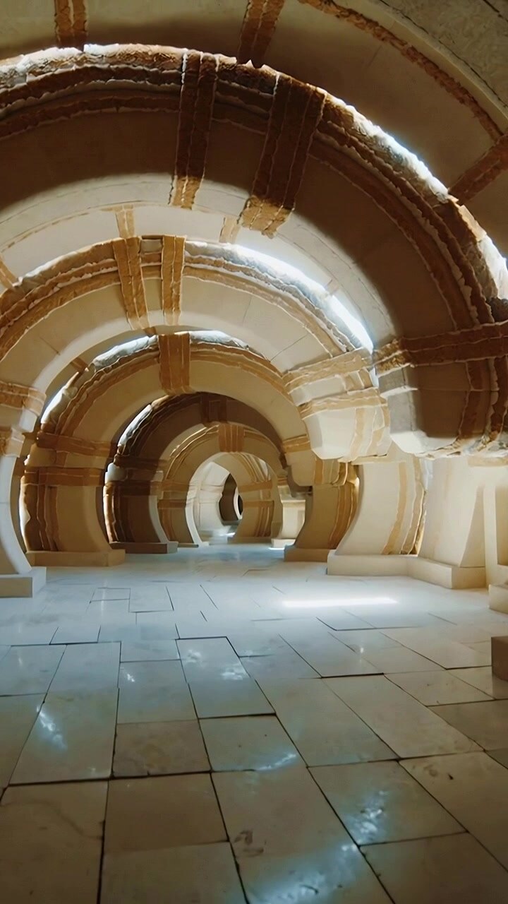 Vídeo vertical: Câmera panorâmica em ângulo baixo através de um corredor em arco, revelando arcos concêntricos de azulejos.