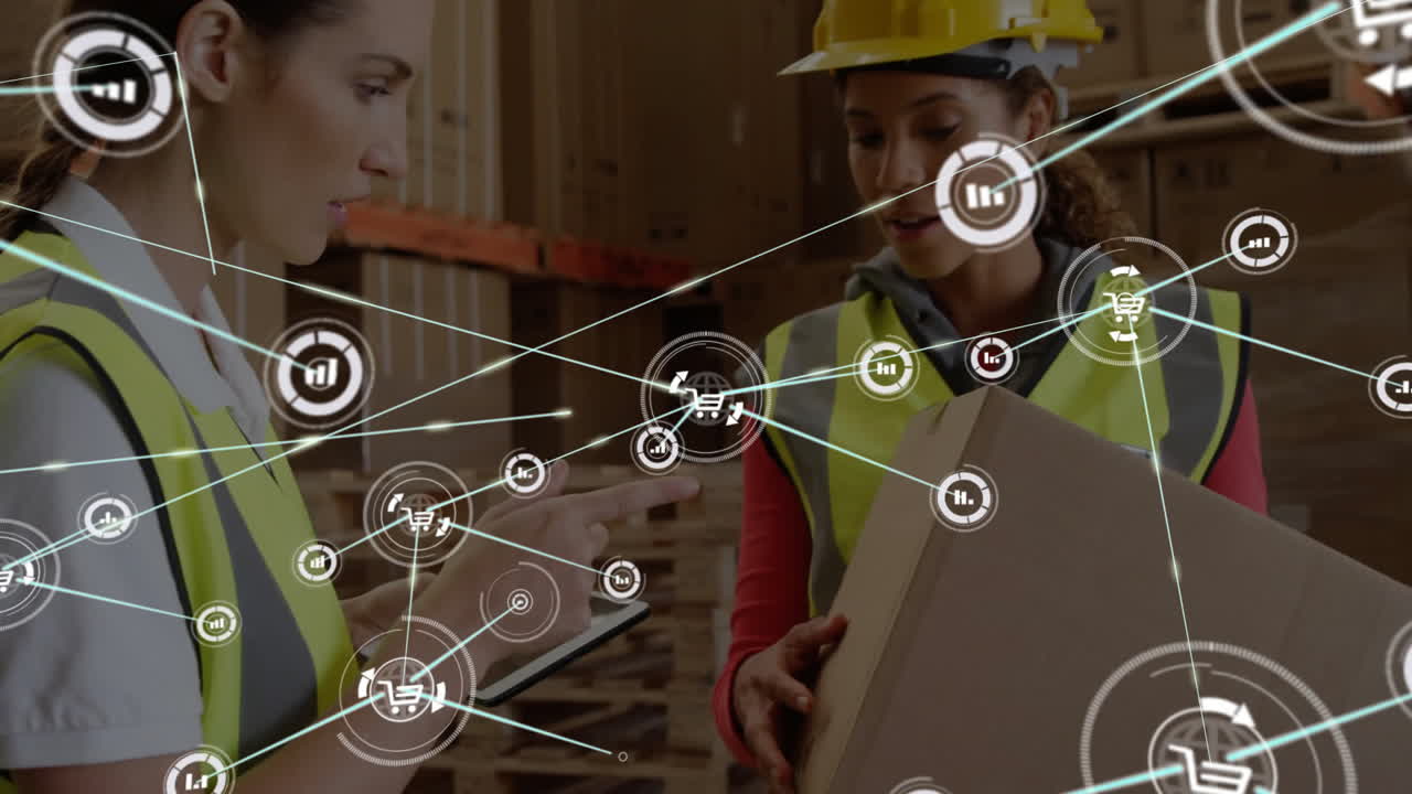 Handling boxes in warehouse with digital network animation overlay, workers busy
