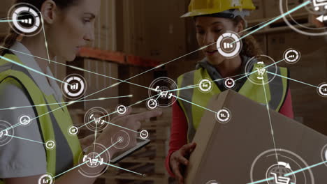 handling boxes in warehouse with digital network animation overlay, workers busy