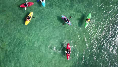 drone-shot,-rotating-bird-view-of-a-group-of-kayaks-in-the-water,-Auckland,-New-Zealand