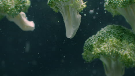 broccoli sott'acqua con bolle d'aria e al rallentatore. fresco e succoso sano vegetariano