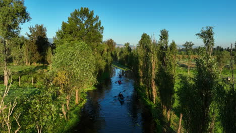 aerial ascending shot of kayakers at lake xochimilco, golden hour in mexico