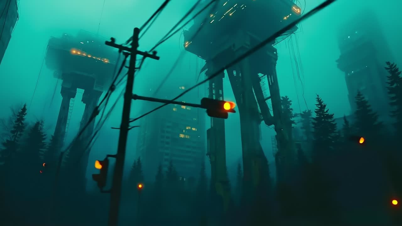 A foggy city with a lot of traffic lights in the middle of it