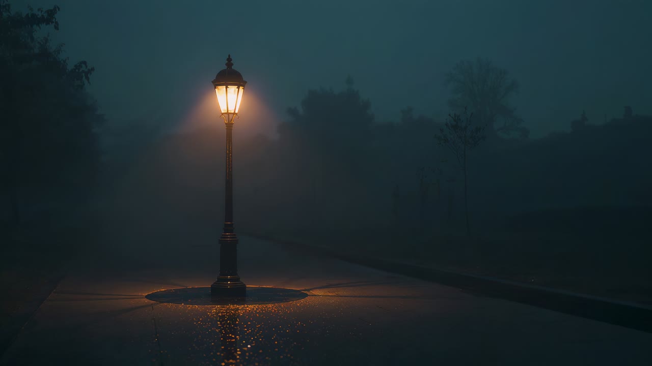 Growing antique street lamp casting halo over island, with fog rising, wet pavement reflecting glow