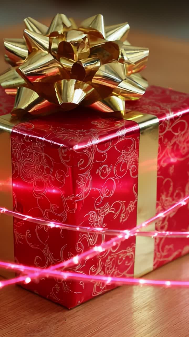 A Beautifully Wrapped Red Gift Box with a Golden Bow and Sparkling Lights, Perfect for Celebrations and Special Occasions, Evokes Joy and Anticipation During Holiday Seasons