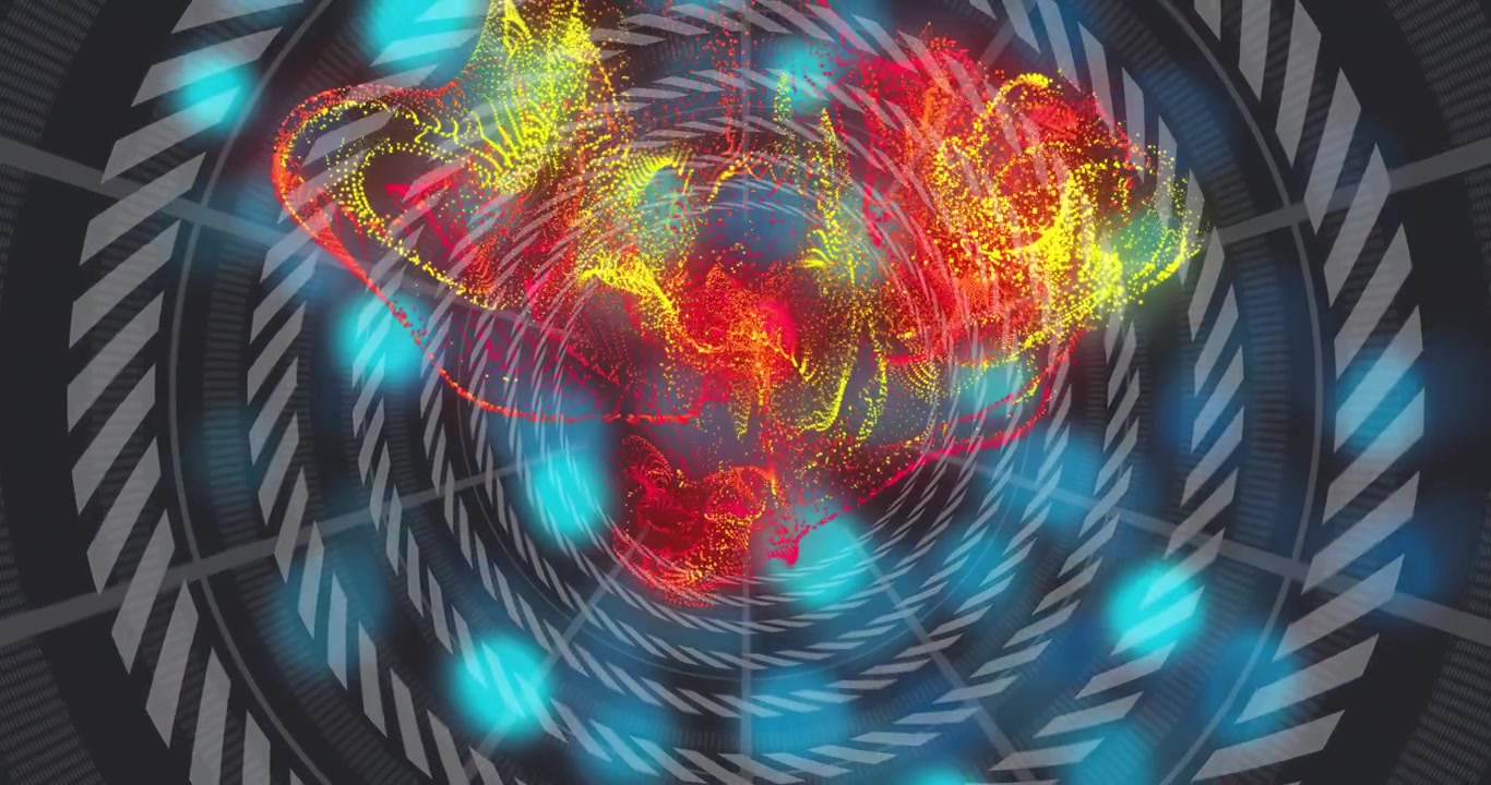 Chevron tunnel centering teal bokeh drifting red seed appearing forming wisps adding depth for tech