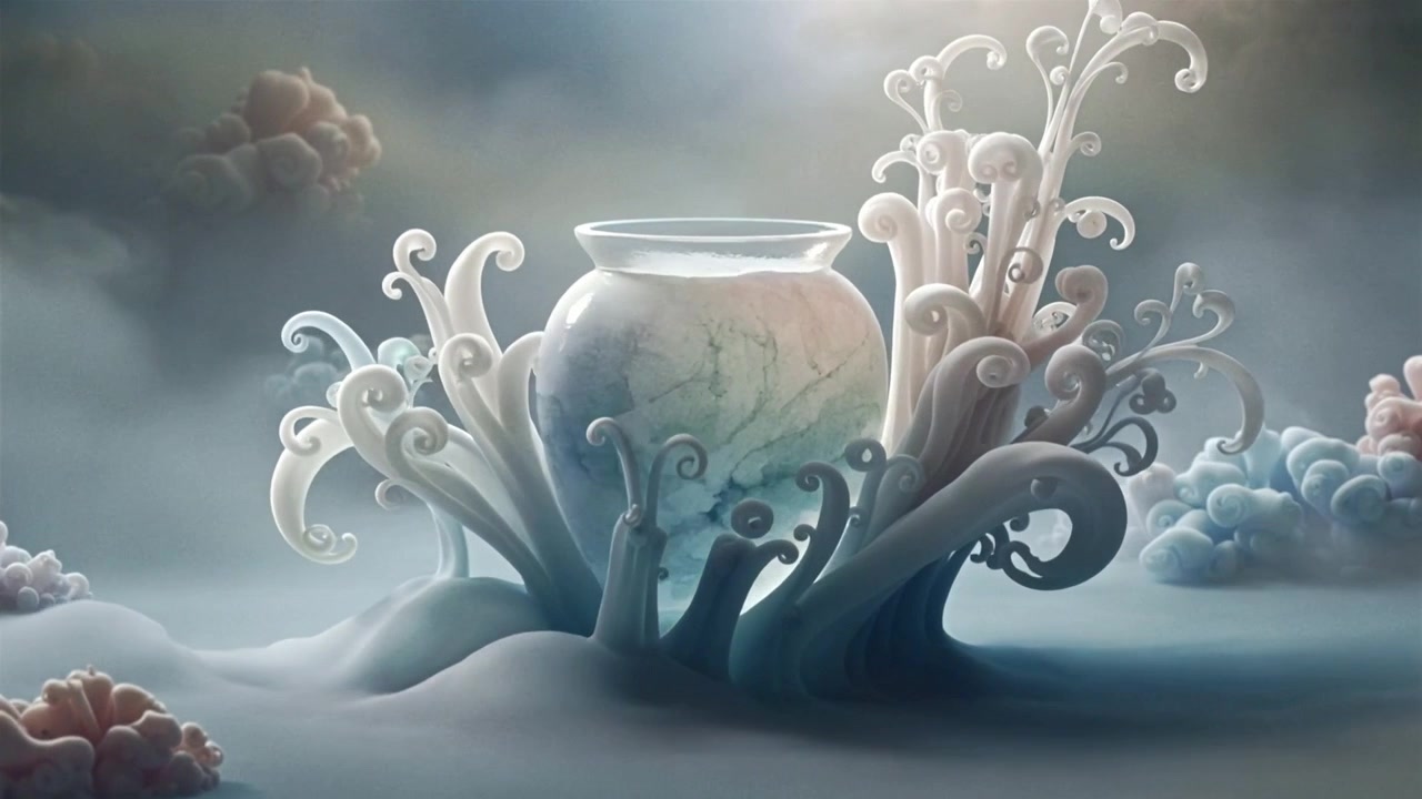 Growing from jar at center on mist plain, light causing swell, tendrils curling, teal swirl shining