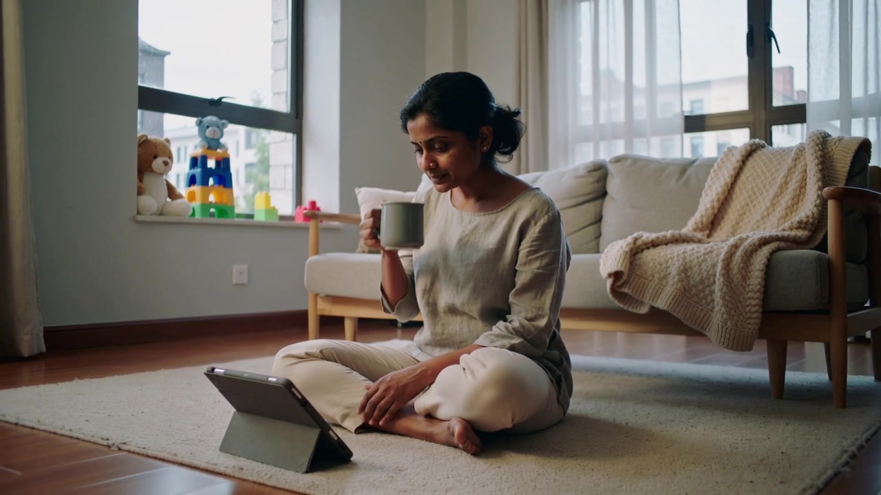 Glancing at tablet, woman in loungewear sipping mug then scrolling tablet to interact with content