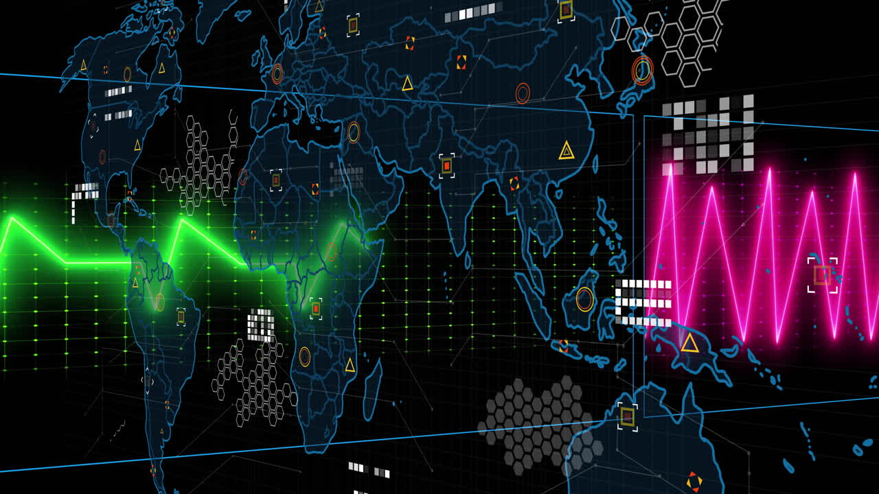 digital world map being visualized in high-tech interface, showing neon-green and magenta waveforms