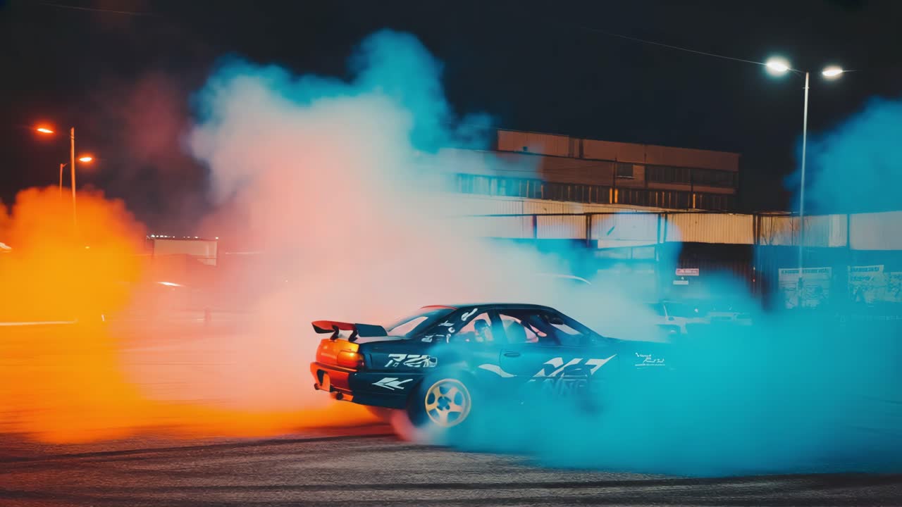 Car drifting with colorful smoke at night