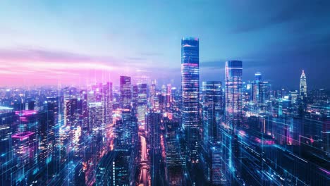 futuristic city skyline at sunrise/sunset