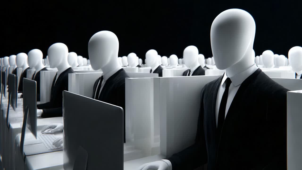 A sea of faceless figures dressed in suits and seated at computer workstations exudes a chilling vision of conformity and modern work culture in a digital age