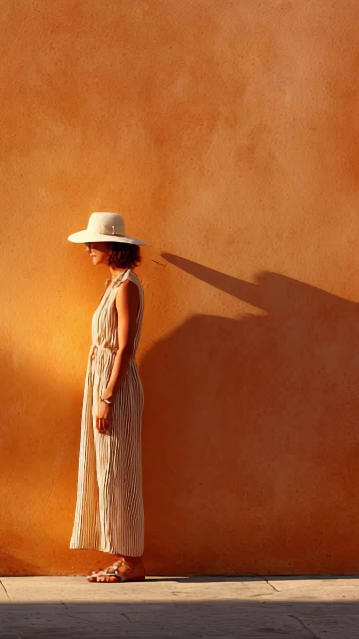 Una donna elegante con un cappello da sole posa con grazia su una parete arancione con texture, proiettando un'ombra decisa che aggiunge profondità all'ambiente vivace.
