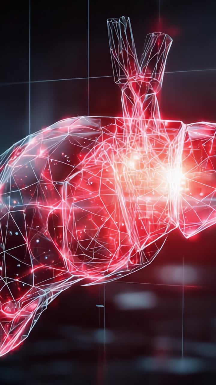 Una rappresentazione visiva futuristica del fegato con luci al neon e tecnologia all'avanguardia in un rendering in 3D, che mette in risalto i dettagli anatomici e la maestria digitale