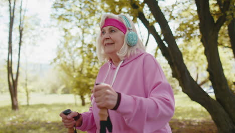 senior retired old woman grandmother practicing nordic walking use ski trekking poles in summer park