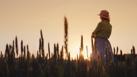 a woman farmer admires the endless field of green wheat organic farming concept 4k video