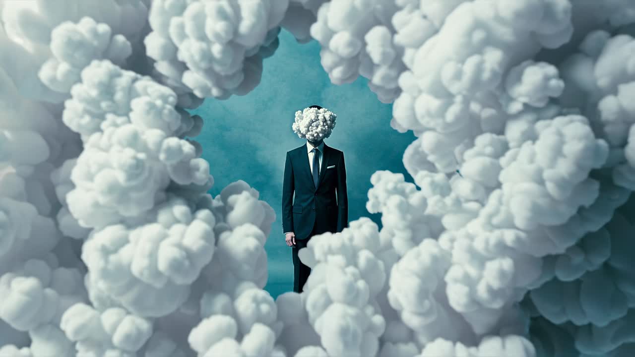 Surreal video concept with a front-facing angle of a man in a suit, his head obscured by a cloud