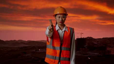 trabajador de la construcción gestando para al atardecer
