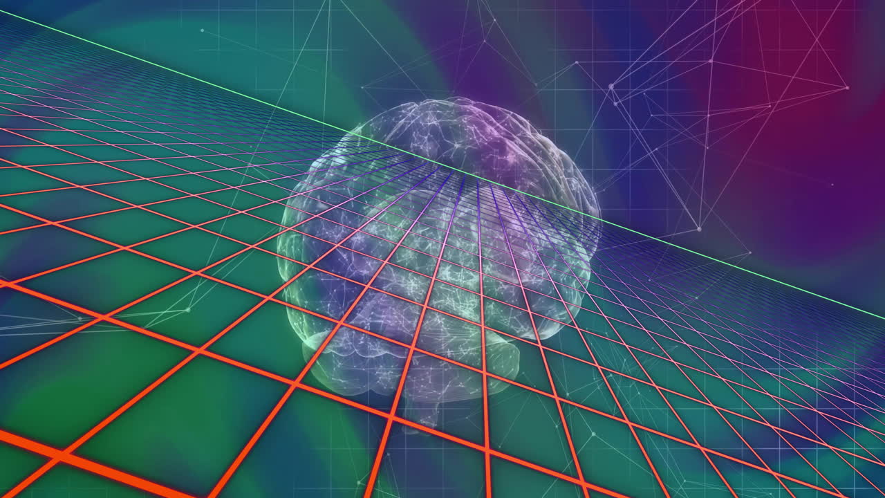 анимация сетчатого узора и соединенных точек с цифровым человеческим мозгом на абстрактном фоне