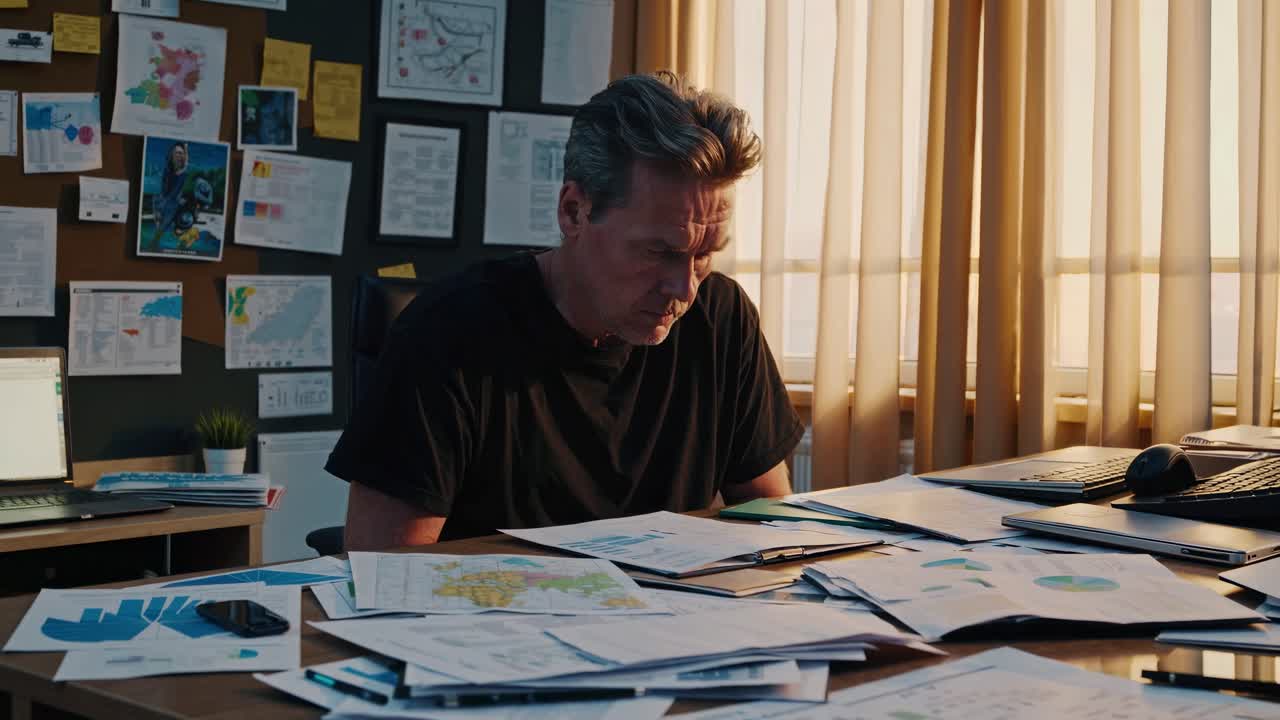 Contractor reviewing blueprints, maps, and charts at a cluttered desk in an office, feeling overwhelmed by the pressure of deadlines and the demands of a heavy workload