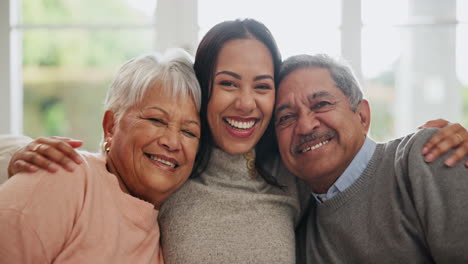 Smile,-hug-and-woman-with-senior-parents-on-sofa