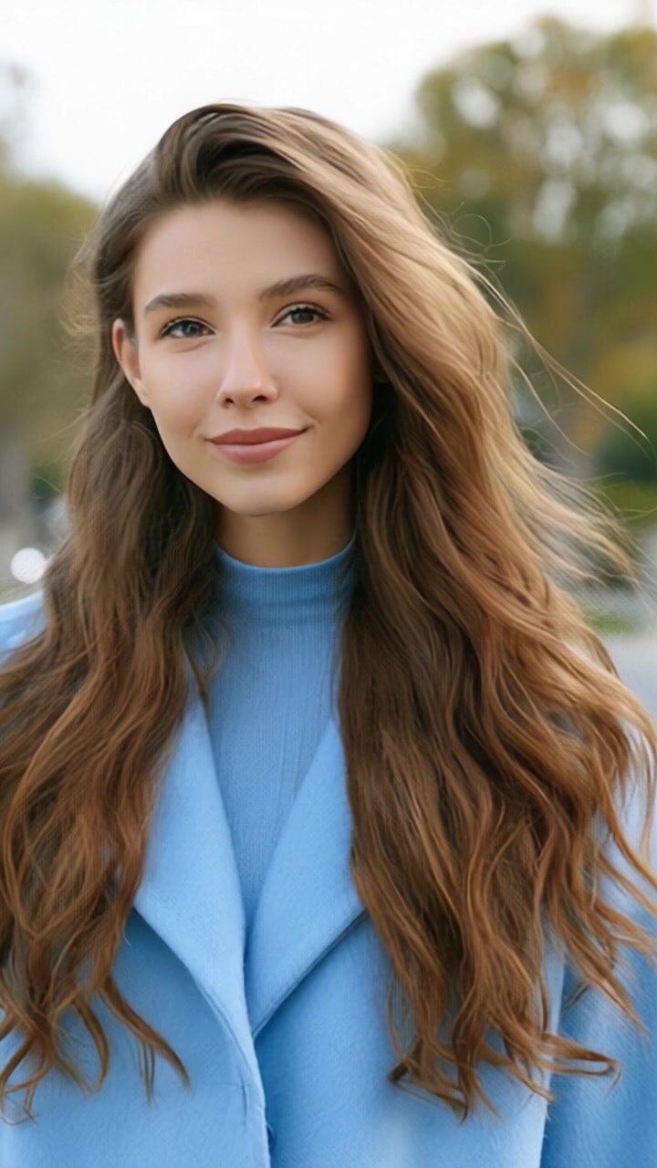 Ritratto accattivante di una giovane donna con un cappotto azzurro e capelli fluenti, ambientato in uno sfondo naturale all'aperto che evidenzia bellezza radiosa e fiducia.