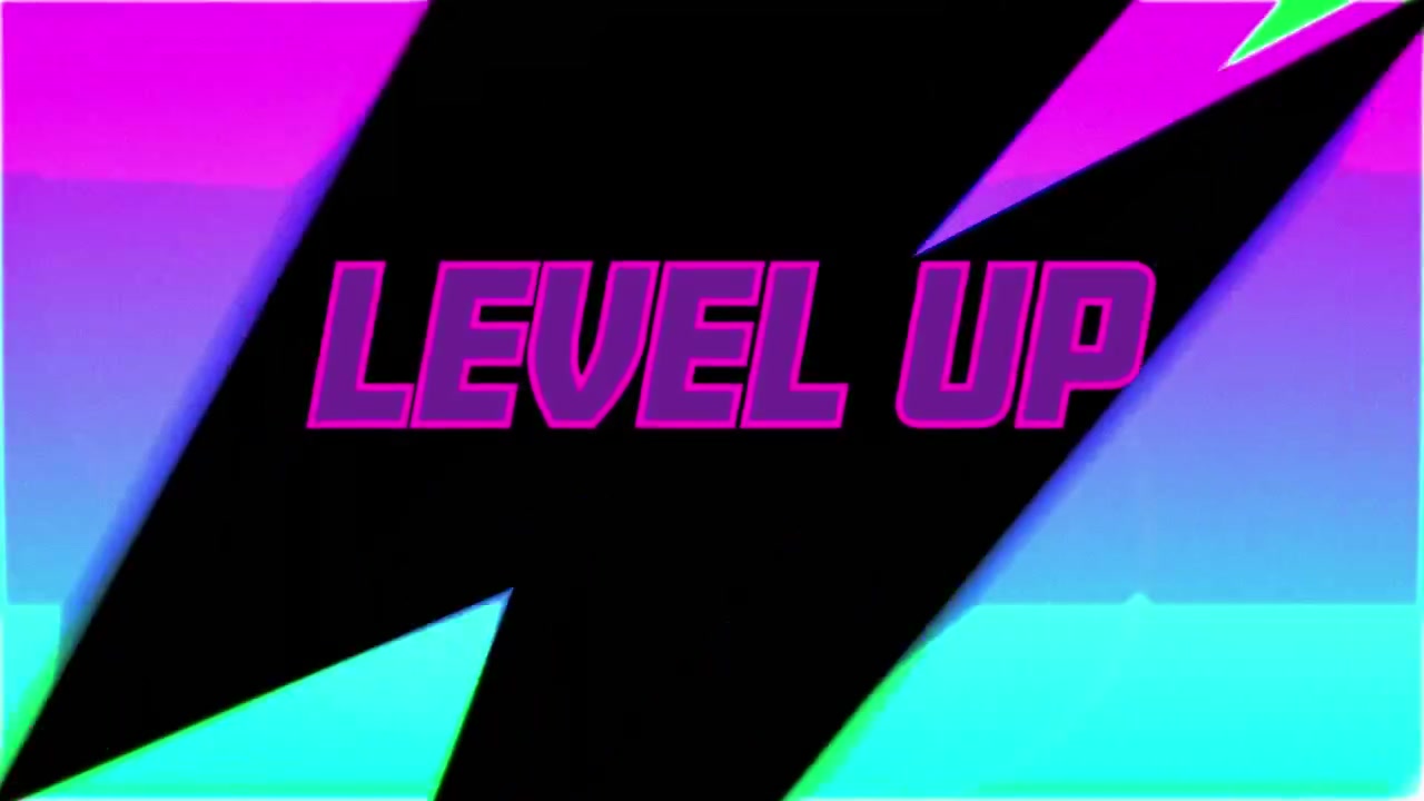 Animation of level up text over colorful lightning on black background