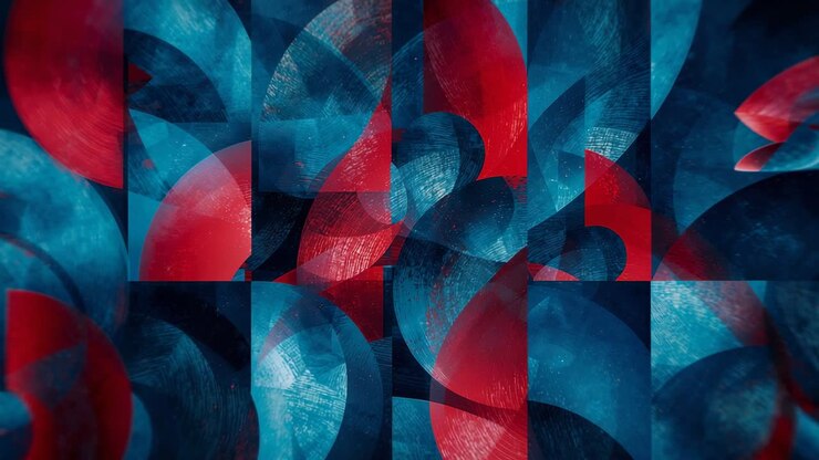 Starting animation showing red and blue arcs shifting across grid panels, creating wave motion
