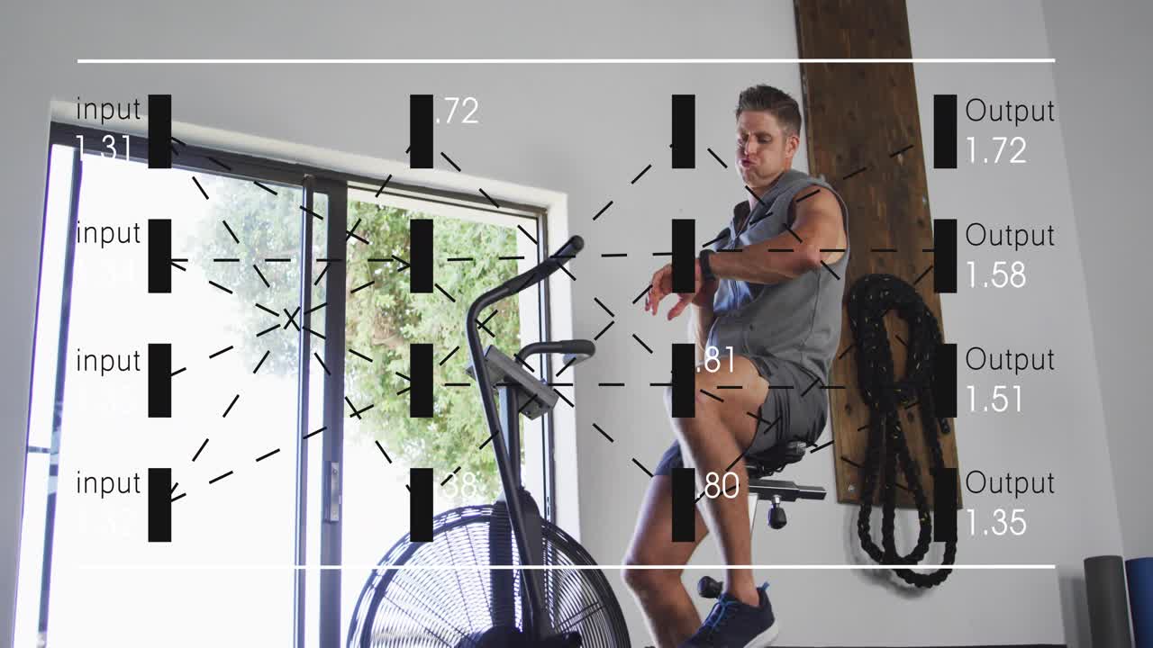 Man pedaling, starting workout, reaching and adjusting console, viewing animated fitness stats