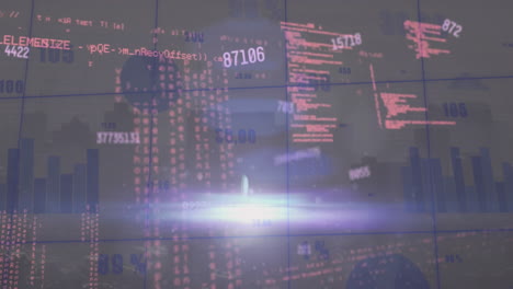 animation of multiple changing numbers and statistical data processing against view of cityscape