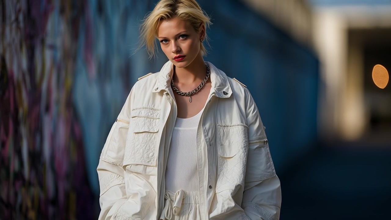 Young blonde woman in a white casual outfit looking intently at the camera outdoors