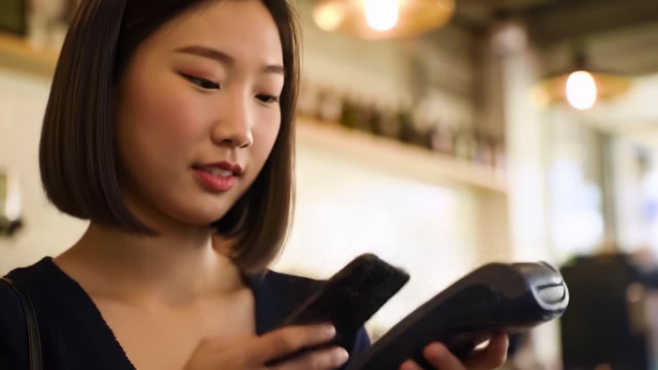 A Young Woman Engaged in Mobile Payment at a Cozy Cafe, Demonstrating Modern Transaction Methods with a Phone and Payment Device