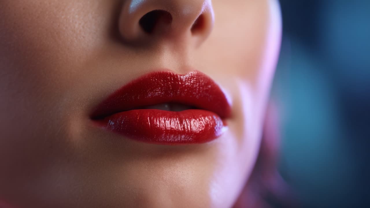 Primo piano di labbra rosse voluttuose che evidenziano la texture lucida e il dettaglio intricato di un bellissimo volto femminile su uno sfondo leggermente sfocato.