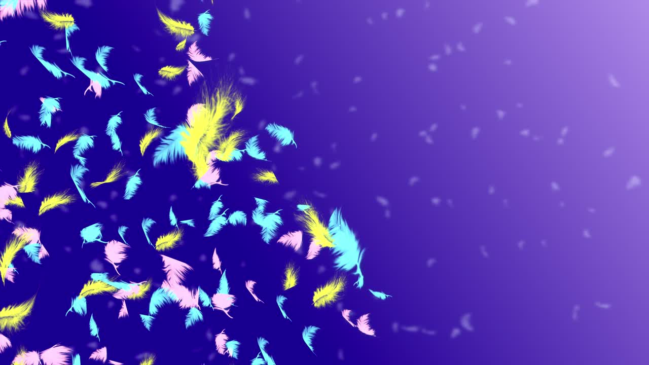 Sfondo animato in loop 4K 3D con piume bianche realistiche e colorate, lanciate velocemente e che cadono lentamente