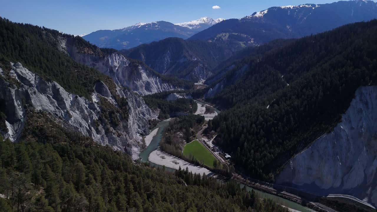 Switzerland canyon Rhine Gorge Ruinaulta beautiful rock mountain formation aerial drone