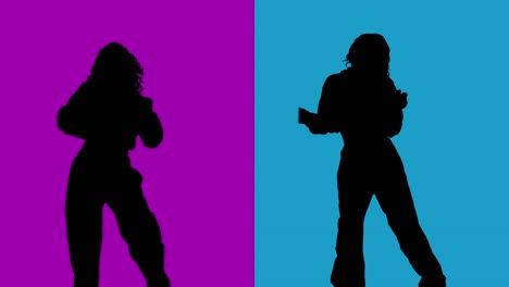 split screen studio silhouette of women dancing against purple and blue backgrounds