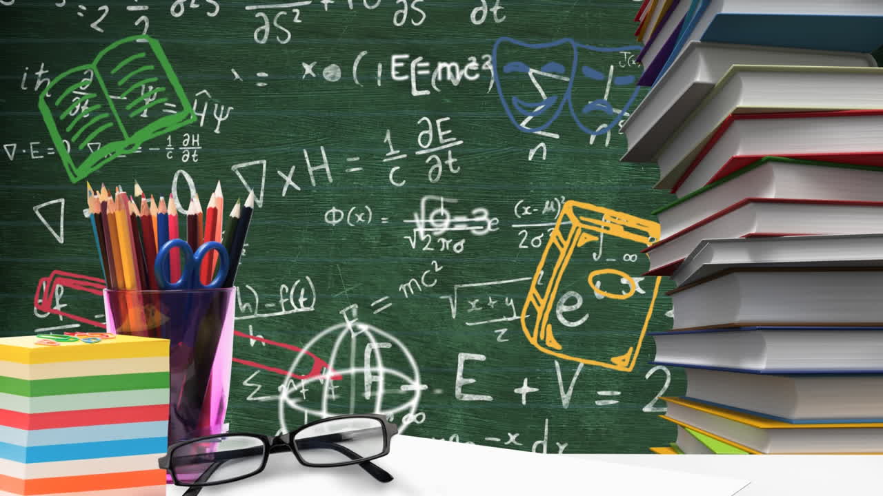 School concept with icons, math symbols, and stationary on wood.