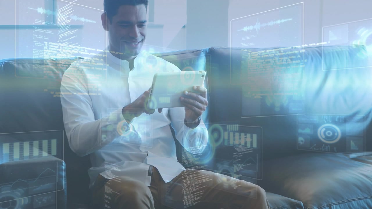 Man tapping tablet, initiating holo UI and revealing layered graphs, gears, code for tech analysis