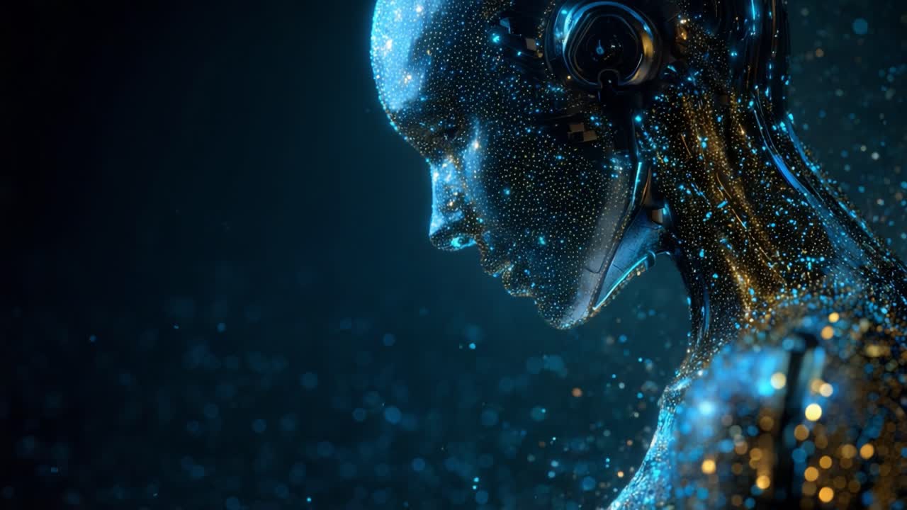 A Glimmering Cybernetic Entity Pondering the Future: A Close-Up of an ...